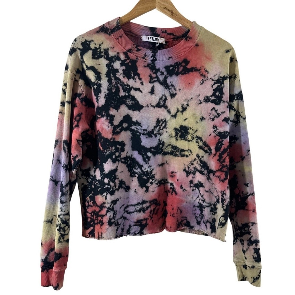 LETLUV Womens Tie Dye Sweatshirt Small Multicolor Cotton Raw Hem Cropped Top